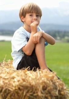strawbale garden boy sitting on top
