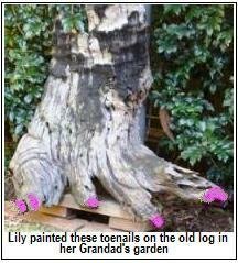 Kids garden crafts - log painted with pink toenails